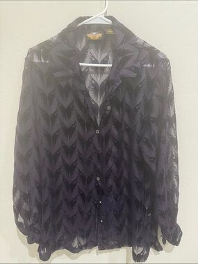 Vintage Y2K Harley-Davidson Sheer Button-Down Shirt with Feather Motif